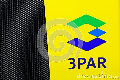 Moscow, Russia - February, 2021: HPE 3PAR logo on a storage rack in Datacenter. The Hewlett Packard Enterprise Company HPE is an Editorial Stock Photo