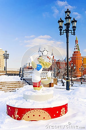 MOSCOW, RUSSIA-FEBRUARY 1, 2018: The official mascot of the FIFA World Cup 2018 wolf Zabivaka at the Manege Square in Moscow. Editorial Stock Photo