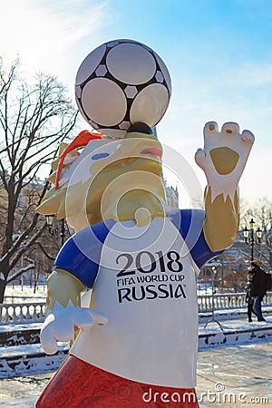 Moscow, Russia - February 14, 2018: Wolf Zabivaka the official mascot of championship FIFA World Cup Russia 2018 on Manezhnaya squ Editorial Stock Photo