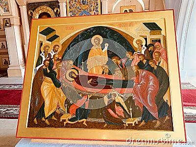 Moscow, Russia, December, 06. 2020. Icon of the Assumption of the Most Holy Theotokos in the Church of the Resurrection of Christ Editorial Stock Photo