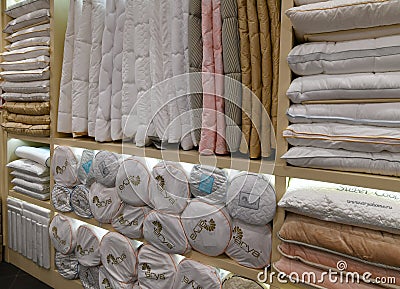Moscow, Russia - January 18. 2019. Blankets and pillows in the Turkish Arya Home store Editorial Stock Photo