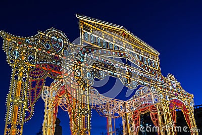 Moscow, Russia - January 10. 2018. light installation at festival journey at Christmas at Revolution Square Editorial Stock Photo