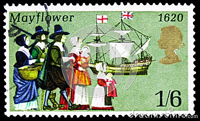 Pilgrims and Mayflower, Anniversaries serie, circa 1970 Editorial Stock Photo