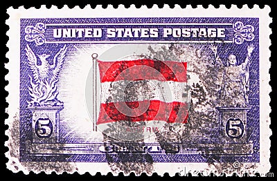 Postage stamp printed in United States shows Flag of Austria, Overrun Countries Issue serie, circa 1943 Editorial Stock Photo