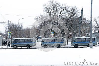 Moscow, RUSSIA - January 31, 2021: Russian prisoner transport vehicles on the street on political rally Editorial Stock Photo
