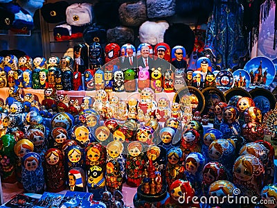 MOSCOW, RUSSIA-JANUARY 31, 2020: showcase with bright and beautiful nesting dolls. Russian craft Editorial Stock Photo