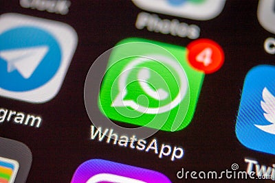 MOSCOW, RUSSIA - JANUARY 11, 2018: WhatsApp messanger application icon on lcd screen Editorial Stock Photo