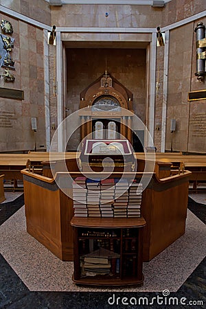 Torah reading place, books and the holy of holies. interior of t Stock Photo