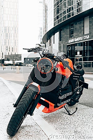BMW K 100 RT custom motorcycle parked on a street. BMW K100 motorbike on background of modern city Editorial Stock Photo