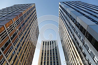 Moscow, Russia, July 30, 2019: bottom view: three modern residential towers in a modern residential complex Editorial Stock Photo