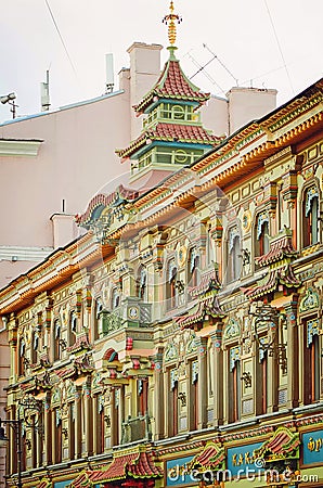 Chinese Pagoda - Tea House on Myasnitskaya Street in Moscow. Fragment of the facade. Vertical phot Editorial Stock Photo