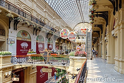 Moscow, Russia - July 28, 2019: Gallery view of GUM State Department Store on Red square in Moscow at sunny summer day. Interiors Editorial Stock Photo