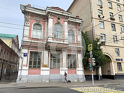 Moscow, Russia, July, 16, 2019. Historic building at the address: Old Basmannaya street, 19 building 16. Wing of the estate of T. Editorial Stock Photo