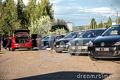 Moscow, Russia - July 6, 2019: Many multi-colored Volkswagen Golf 6 generation cars. Club meeting MK6 car lovers Editorial Stock Photo