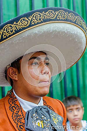 Moscow, Russia - July 7, 2018: Mexican street musician mariachi, close-up portrait in traditional clothes and sombrero Editorial Stock Photo