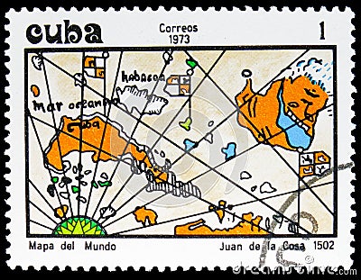 Map of the world, J. de la Cosa, 1502, Cuban cartography serie, circa 1973 Editorial Stock Photo