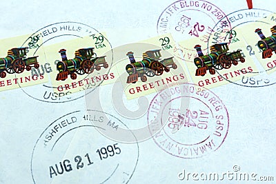 Moscow. Russia. 29 july 2019. Real envelope past-mail US in 1995. The reverse side of the letter. Canceled postage stamps Editorial Stock Photo