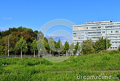 Moscow, Russia - July 30. 2023. View of southern industrial zone in Zelenograd from Ozernaya alley Editorial Stock Photo