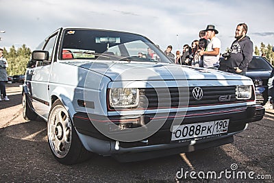 Moscow, Russia - July 6, 2019: White Volkswagen Golf of the second generation mk2 with a modified front part, grille and Editorial Stock Photo