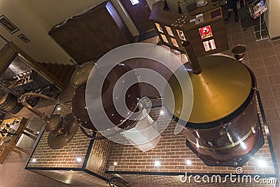 Ancient Charente alembic in the cognac museum. Moscow, Russia. Editorial Stock Photo