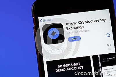 Moscow, Russia - 1 June 2020: Arrow Cryptocurrency Exchange app mobile logo close-up on screen display, Illustrative Editorial Editorial Stock Photo