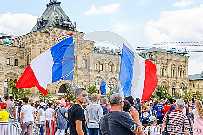 The 2018 FIFA World Cup. French fans with flags and banners on Red square Editorial Stock Photo
