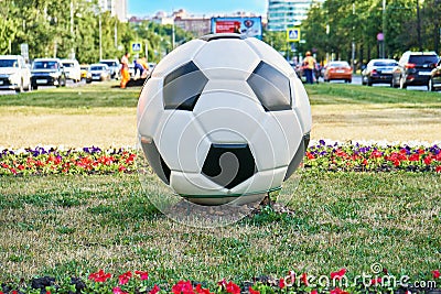 Moscow, Russia - June 26, 2018. Fifa world cup 2018 in Russia. Sculpture of a football ball on a Moscow street. Editorial Stock Photo