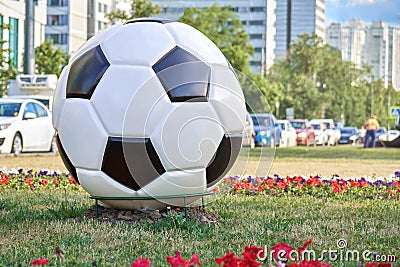 Moscow, Russia - June 26, 2018. Fifa world cup 2018 in Russia. Sculpture of a football ball on a Moscow street. Editorial Stock Photo