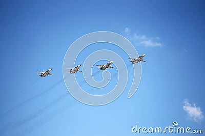 MOSCOW, RUSSIA - June 24, 2020: Fifth-generation Russian multi-purpose fighters Su-57 during air parade dedicated to 75th Editorial Stock Photo