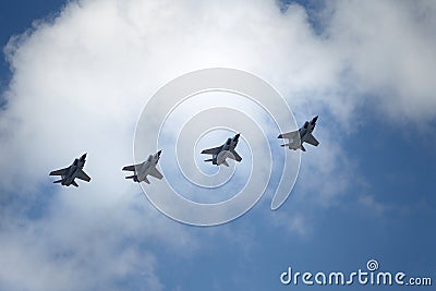 MOSCOW, RUSSIA - June 24, 2020: Fifth-generation Russian multi-purpose fighters Su-57 during air parade dedicated to 75th Editorial Stock Photo