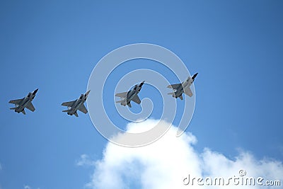 MOSCOW, RUSSIA - June 24, 2020: Fifth-generation Russian multi-purpose fighters Su-57 during air parade dedicated to 75th Editorial Stock Photo