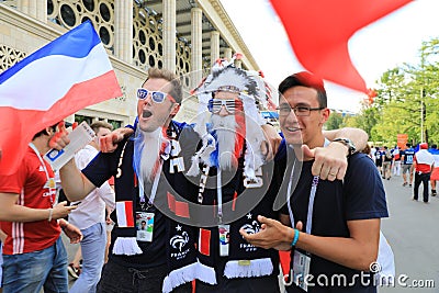 MOSCOW, RUSSIA - June 26, 2018: French and Denmark fans celebrating during the World Cup Group C game between France and Denmark a Editorial Stock Photo