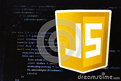Moscow, Russia - 1 June 2020: JavaScript JS logo sign with program code on background Illustrative Editorial Editorial Stock Photo