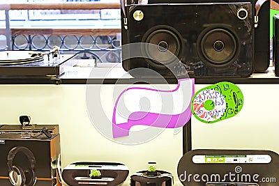 New retro-styled music players and modern audio music players in a store in GUM, Moscow, Russia Editorial Stock Photo