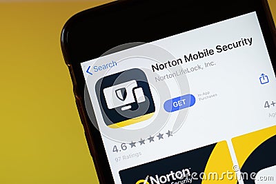Moscow, Russia - 1 June 2020: Norton Mobile Security app mobile logo close-up on screen display, Illustrative Editorial Editorial Stock Photo