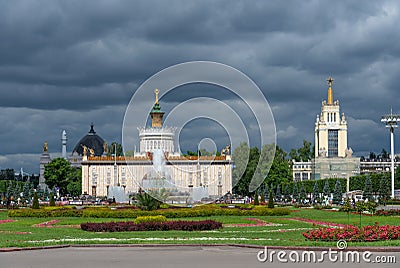 Moscow, Russia - June 30, 2021: Panoramic view Pavilion No. 58. Center Word, the Stone Flower fountain and Pavilion No. 59. Editorial Stock Photo