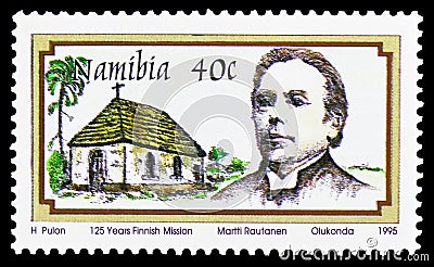 Postage stamp printed in Namibia shows Mission church, Martti Rautanen 1845-1926, Finnish Mission serie, circa 1995 Editorial Stock Photo