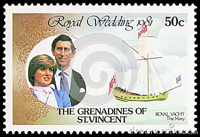 Postage stamp printed in Saint Vincent Grenadines shows Couple and Royal Yacht the Mary, Prince Charles, Lady Diana, Royal Wedding Editorial Stock Photo