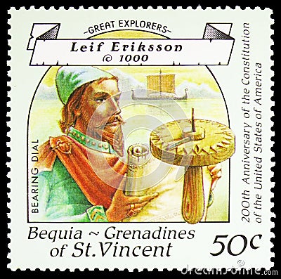 Postage stamp printed in Saint Vincent Grenadines shows Eriksson and bearing dial, BEQUIA - Great Explorers serie, circa 1988 Editorial Stock Photo