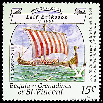 Postage stamp printed in Saint Vincent Grenadines shows Gokstad, ship of Leif Eriksson, BEQUIA - Great Explorers serie, circa 1988 Editorial Stock Photo