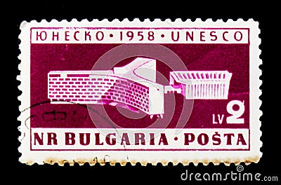 Bulgaria postage stamp shows UNESCO office building, Paris, circa 1958 Editorial Stock Photo