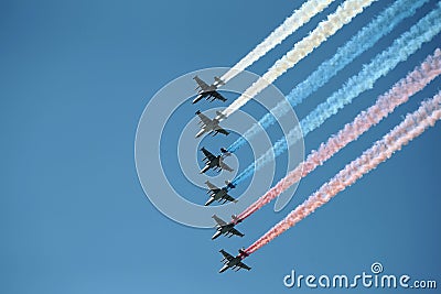 MOSCOW, RUSSIA - June 24, 2020: Victory Parade -75. Red Square. Aerial show in sky. Air parade Russian aviation. Su-25 in sky Editorial Stock Photo
