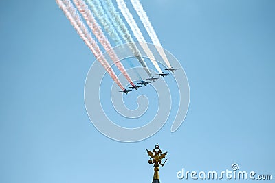 MOSCOW, RUSSIA - June 24, 2020: Victory Parade -75. Red Square. Aerial show in sky. Air parade Russian aviation. Su-25 in sky Editorial Stock Photo