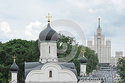 View of the Church of the Conception of Anna and the high-rise on the Kotelnicheskaya embankment in Moscow Editorial Stock Photo