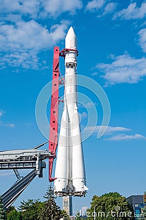 Moscow, Russia - June 30 , 2023: Vostok rocket model and Cosmos pavilion Editorial Stock Photo