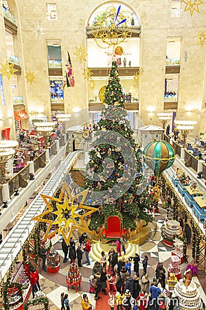 04-01-2017, Moscow, Russia. The largest children`s store in Moscow Children`s World. Christmas tree in the toy store, a lot of Editorial Stock Photo