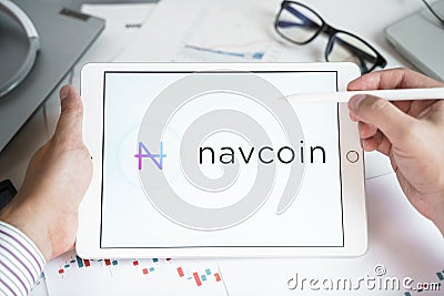 Moscow Russia 20.07.2021 Logo of Navcoin coin in mobile phone. Cryptocurrency NAV token. Trading blockchain platform to buy,sell Editorial Stock Photo