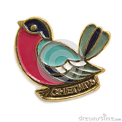 Soviet metallic badge with the image bullfinch Editorial Stock Photo