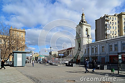 Moscow, Russia - March 14, 2016. Belfry of Temple of Beheading of John the Baptist on Caesar Kunikov Square Editorial Stock Photo