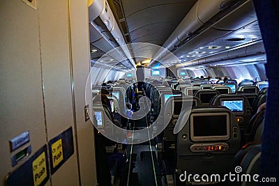 The cabin of the aircraft, the view of the tail of the aircraft, Airbus Stock Photo